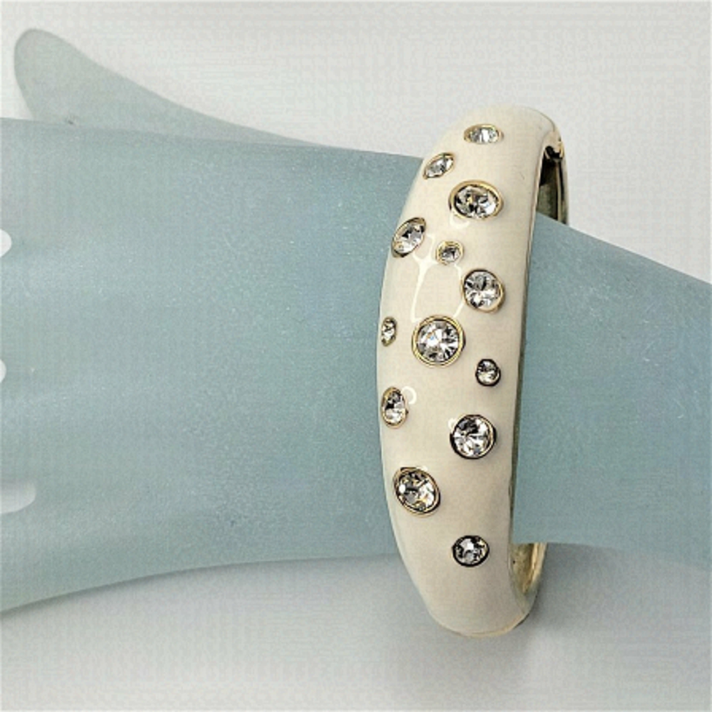 OVAL Hinged Enamel Cream Bangle with Crystals Cuff Bracelet